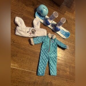 Disney snow board, boots & snowsuit for 18 inch American girl dolls & ear warmer